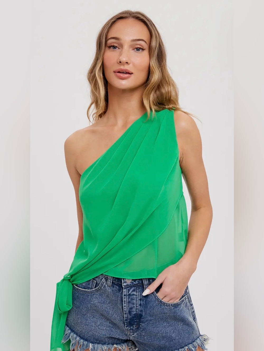 One-Shoulder Kelly Green Tie-Hem Top